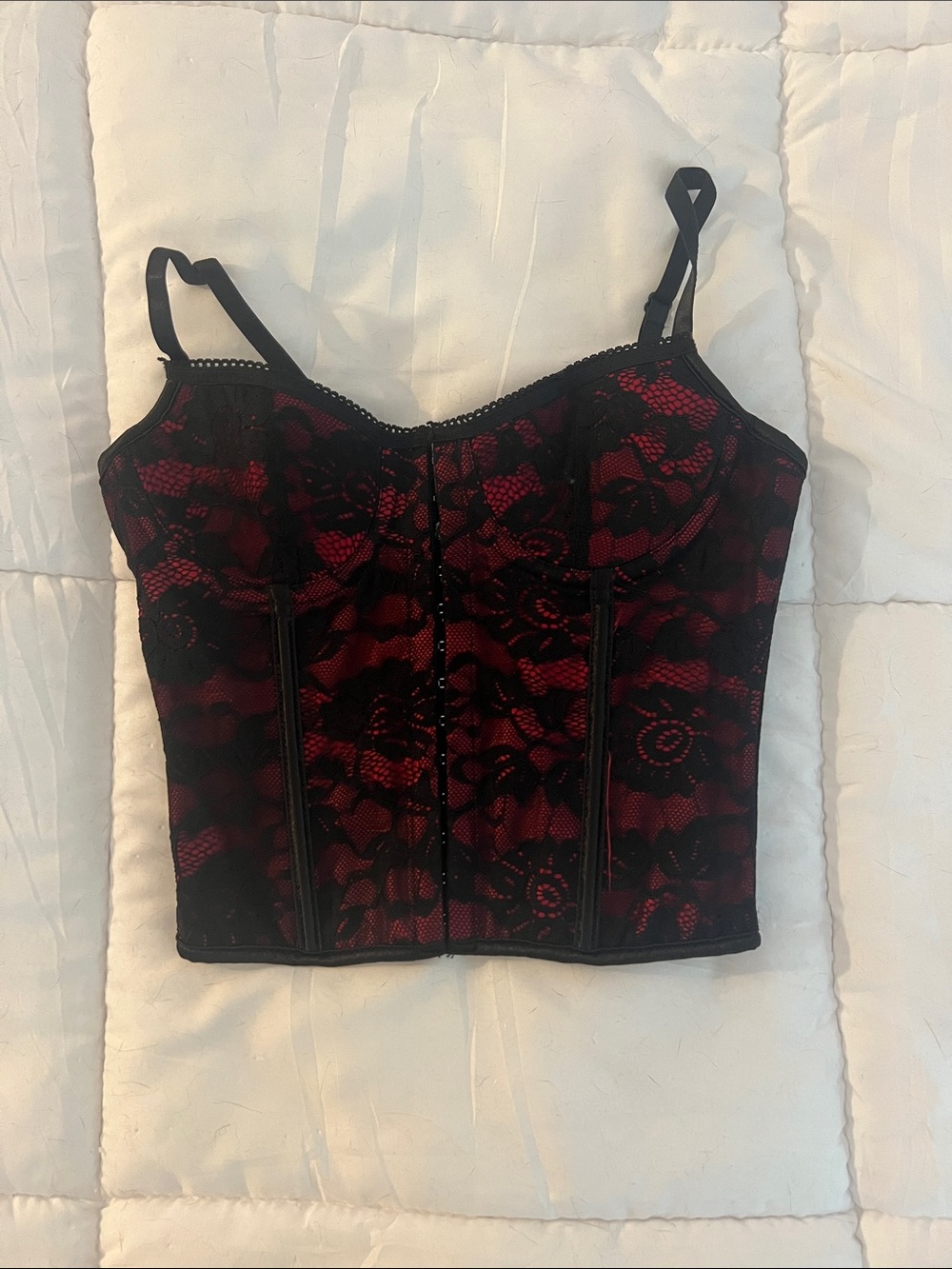 Red Satin Bustier Corset Top with Black Lace Overlay